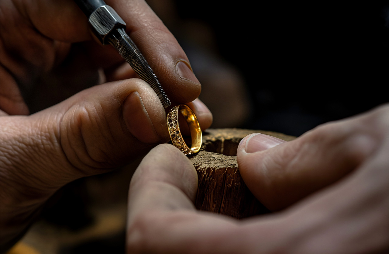 Artisan bijoutier en cours de finition 'une bague en or